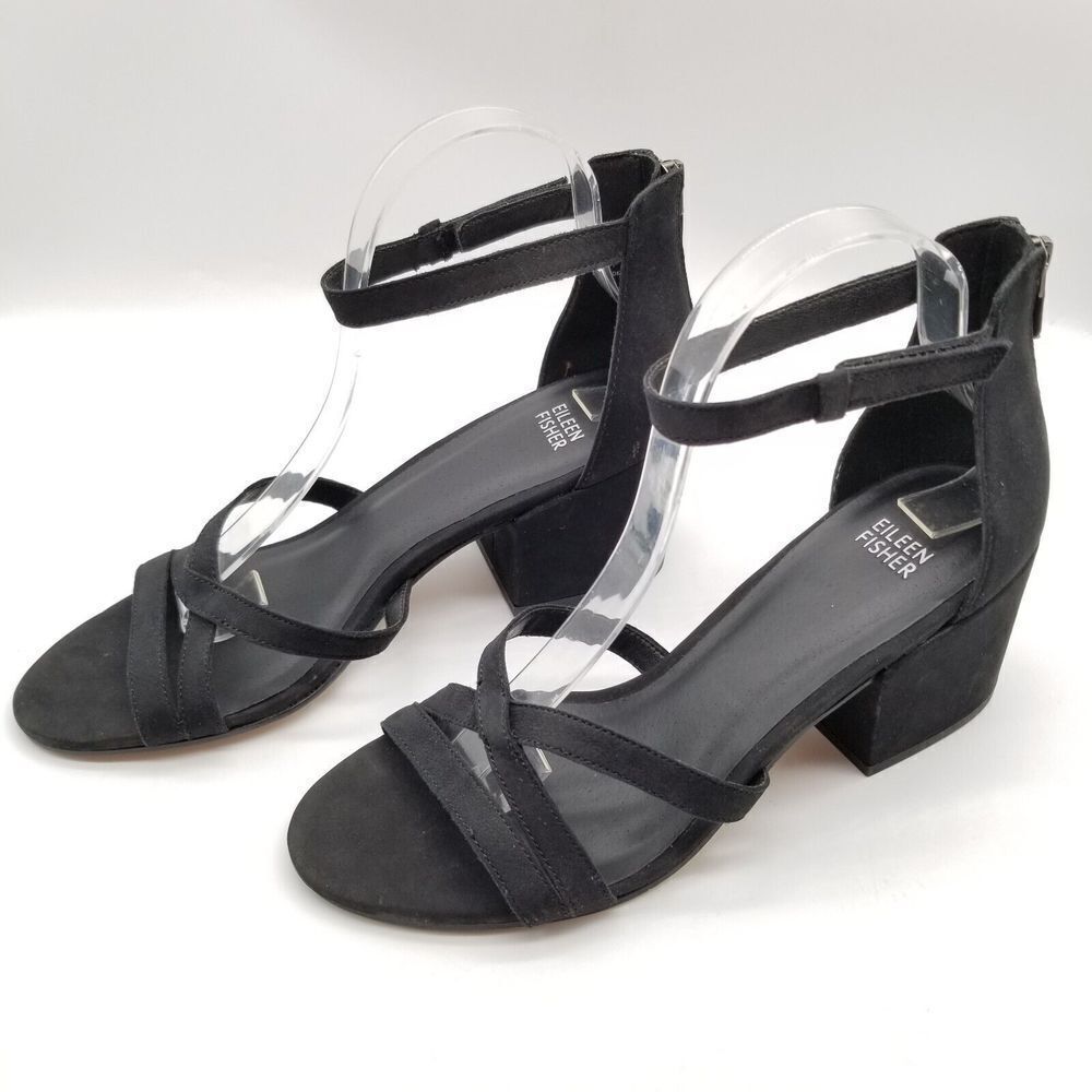 Eileen Fisher Women Juzzy Block Heel Sandals Size 9 Black Suede Ankle Strap